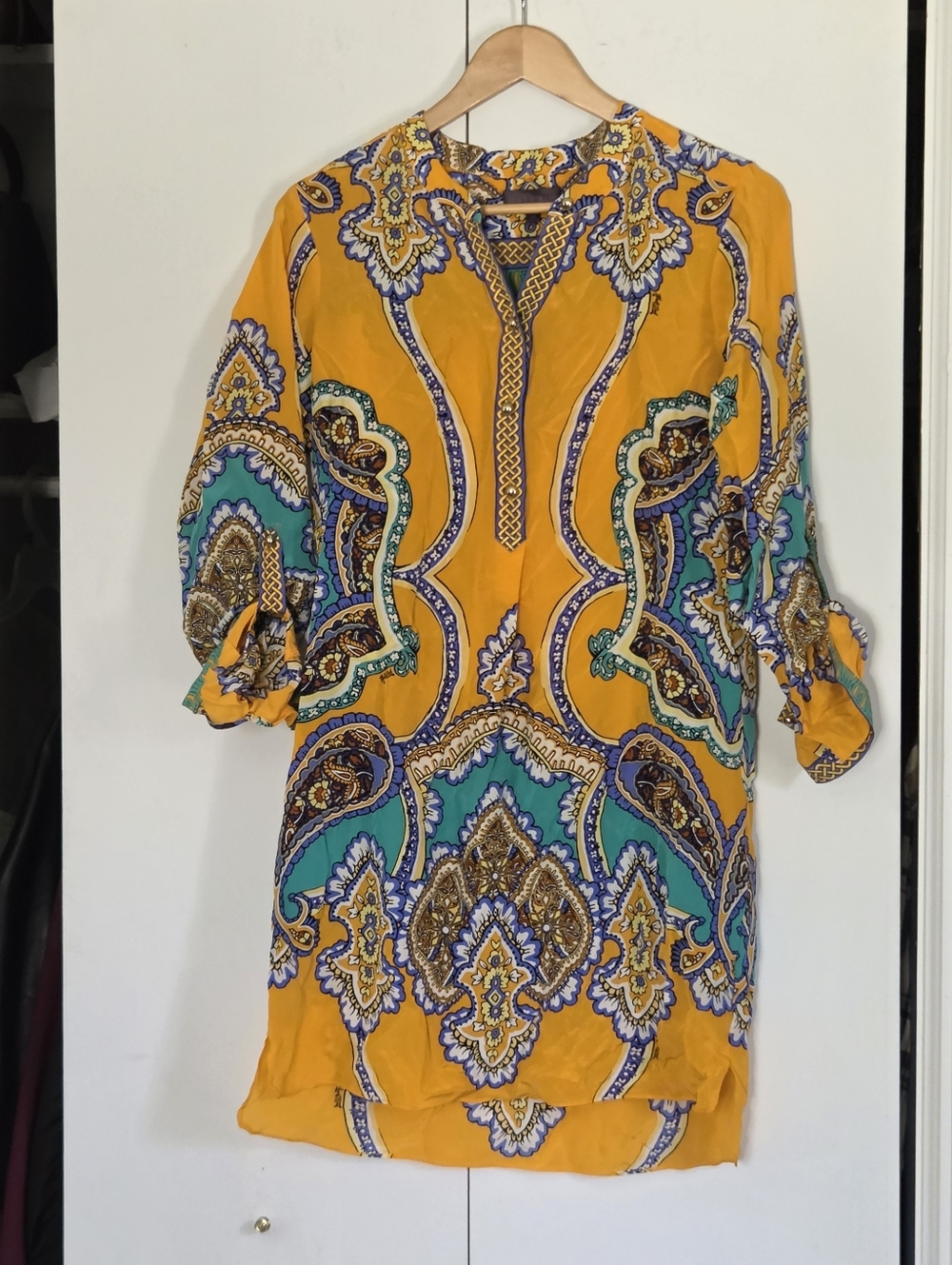 Hale Bob Silk Bright Yellow Paisley Tunic Dress with Teal & Purple Print - Picture 2 of 6